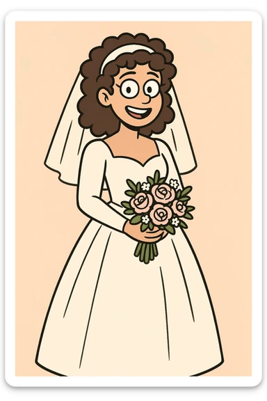bride with curly hair, holding bouquet, classic wedding gown, gentle pastel background, cartoon style sticker