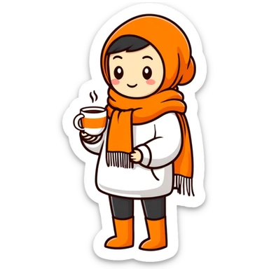 orange wearing an scarf and having one cup of tea in his hand. his vibe is so chill sticker