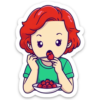 redhead girl with a displeased face eating raspberries sticker