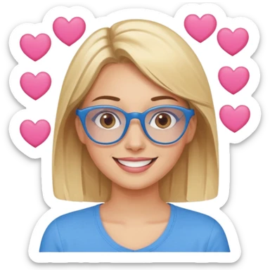 Asthectic pretty Blonde women brown eyes, blue glasses, wearing a brown top and smiling with pink hearts around her. sticker