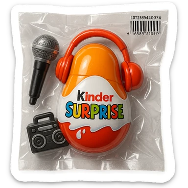 Kinder Surprise egg opened showing toys: microphone, boombox, headphones, shiny and inflated vacuum-sealed style sticker