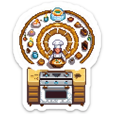 A divine baker surrounded by floating utensils, radiant ingredients, and a halo of light. The oven levitates, powered by pure energy. UI resembles clouds, golden rays, and ethereal scrolls—like a heavenly recipe interface. sticker