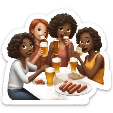 Five girls drinking pints of beer and eating sausage sticker