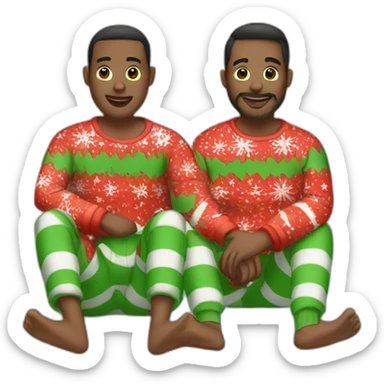 gay couple sitting in christmas pajamas sticker