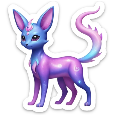 Shiny Iridescent Nebulae Espeon-Umbreon-Sylveon-Dragonair-Fakémon-hybrid-creature (full body)  with a galaxy-dust-flowing-gradient-tail sticker