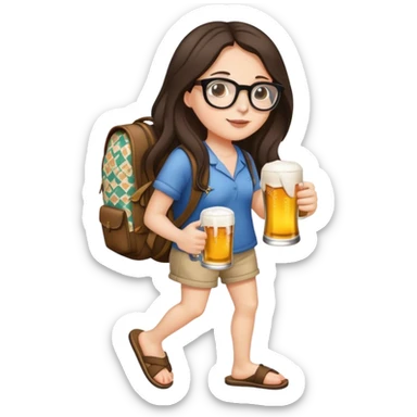 A beautiful brunette with long hair in slippers, glasses, patterned arms, a baggy backpack, and a beer in one hand sticker