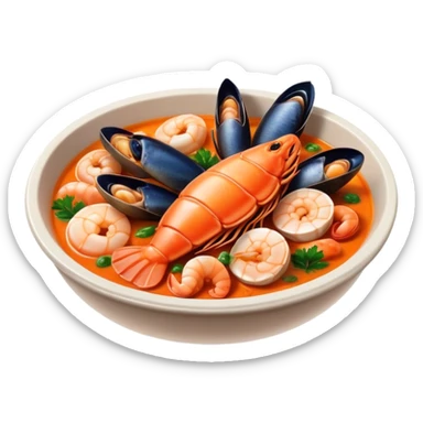 Cinematic Realistic Buzara Seafood Dish Emoji, depicted as a rustic, flavorful seafood stew with shellfish rendered with rich textures and dynamic, maritime lighting. sticker