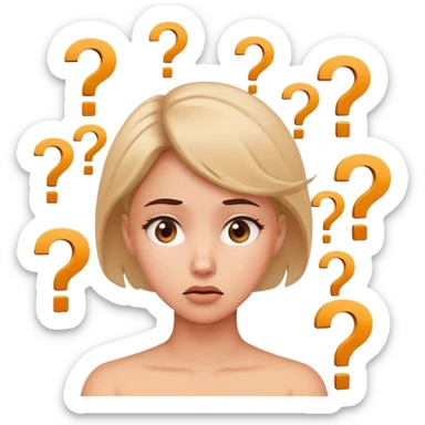 Confused woman with tilted head and question marks circling around her sticker