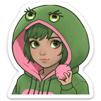 Green eyed ginger girl wearing a pink palm puff hoodie sticker