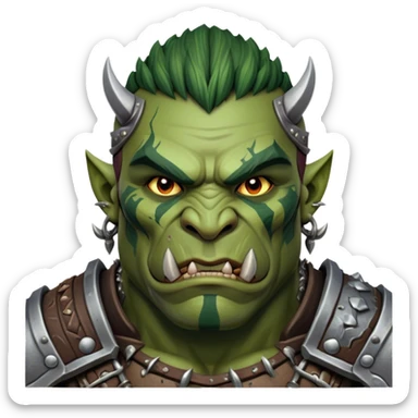 Cinematic Realistic WoW Orc Warrior Portrait, depicted with battle-scarred, rugged green skin and a powerful, muscular build that radiates primal strength. Clad in intricately detailed tribal armor accented with dark leather and iron embellishments in deep, earthy tones, his fierce eyes and determined expression exude honorable might. Rendered with lifelike texture and dramatic natural lighting, high shine, noble and formidable, capturing the essence of a legendary orc champion. sticker