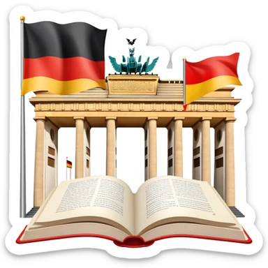 An icon featuring the Brandenburg Gate and the big flag of Germany, symbolizing the German language. The design includes an open book with German text representing language learning and German culture. Transparent background highlights the essence of German heritage. sticker