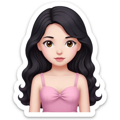 long wavy black hair, white skin like a milk and brown eyes girl wearing pink dress sticker