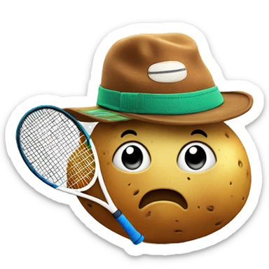 potato with basketball hat, mountain boots and a tennis racket in its hands sticker