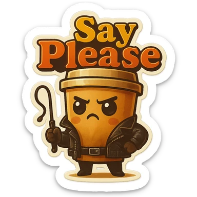 Tall coffee cup, dressed in leather holding a whipping crop, eyebrow furrowed, "big "Say Please" sticker