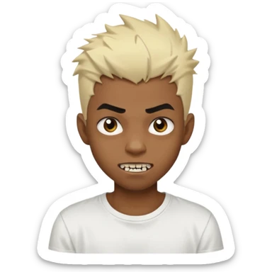 Black Male Teenager with Short punk messy blonde hair, Dark brown bushy eyebrows large expressive golden-brown eyes, wearing a plain white t-shirt, Dark Brown skin color. vampire tooth sticker