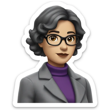 Full torso of Tv show young Diana Prince wearing grey suit with silk voile purple turtleneck and black eyeglasses  sticker