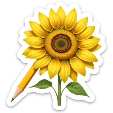 A hyper-realistic object that is half sunflower and half wooden pencil, merging seamlessly at the midpoint. Bright yellow petals, natural textures, detailed graphite tip, soft studio lighting, high-resolution. sticker
