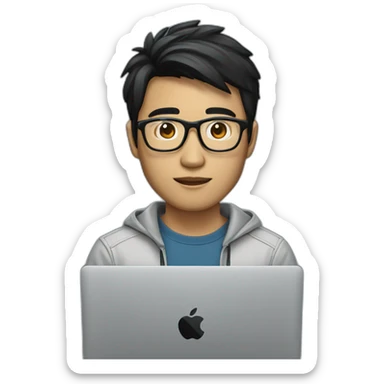 a male vietnamese programmer with tan skin with black hair with silver metal glasses and with a macbook sticker