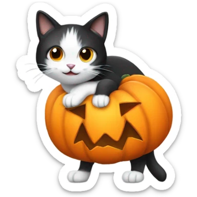 black and white cat, wearing pumpkin costume sticker