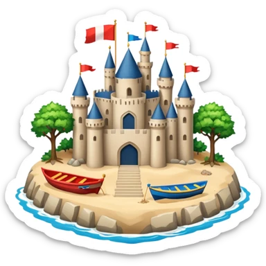 A huge island with trees boats and sand in the middle there is a huge beautiful castle sticker