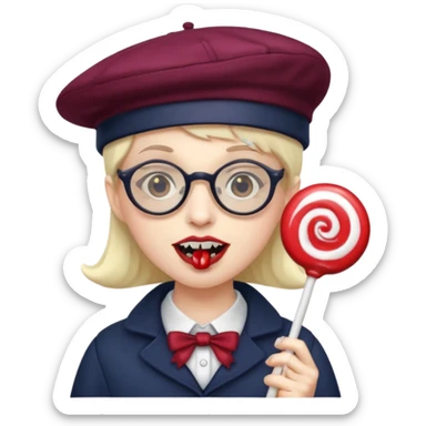 Vampire with lollipop, beret and glasses, teeth looks like vampire sticker
