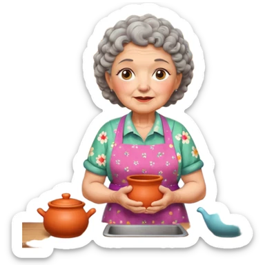 cartoon Apple iOS emoji style rural elderly woman, chubby face, short gray curly hair, flowery blouse, colorful apron, big expressive eyes, pastel colors, Chilean wooden kitchen background, clay pots, warm light, detailed and clean vector art sticker