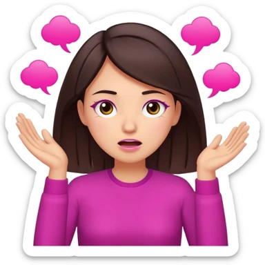 Social media manager. She has dark brown hair, brown eyes, exhaling deeply, hands slightly raised showing frustration. Use vibrant colors with a focus on pink and fuchsia tone sticker