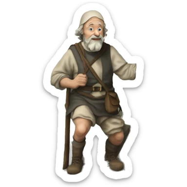 a realistic watercolo style Pilgrim from John Bunyan's Book climbing a mountain next to a cross sticker