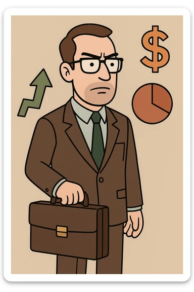 cartoon style male financial expert, serious, wearing glasses, suit, carrying briefcase sticker