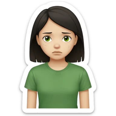 Young girl with straight, dark hair, damaged and unattractive, wearing a green T-shirt, with a sad and subdued expression. sticker