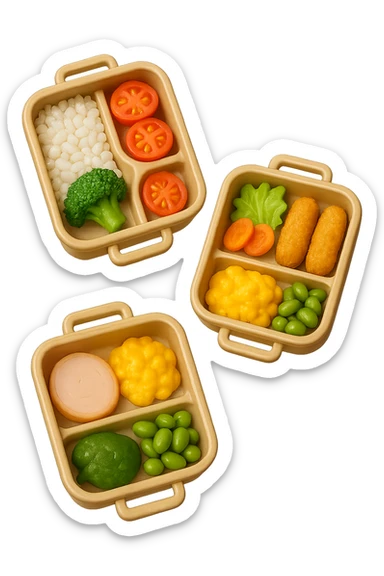 EMOJI STILE IPHONE DI UN 3 schiscette con poco cibo dentro, fluttuano in aria REALISTICA 4K sticker