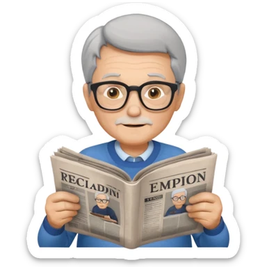 elderly man with gray hair, reading a newspaper, relaxed, wearing glasses, in a park sticker
