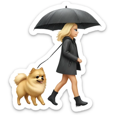 Blonde girl walking pomeranian under the rain sticker