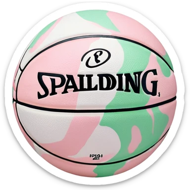White Spalding basketball with NBA branding, predominantly white with light pastel pink and green marbling sticker