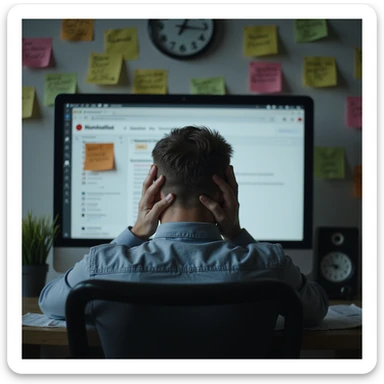 Obese man sitting in front of a computer, head in hands, surrounded by confused post-it notes and screen with errors, clock showing passing time, realistic atmosphere, hyperrealistic 4K details, clear signs of cognitive slowdown. sticker