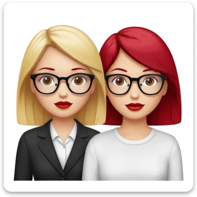 Two white girls, one has blonde hair, brown eyes and glasses and the other one has cherry red hair, brown eyes and red lips sticker