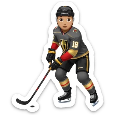 A hockey player in a Vegas Golden Knights black & gold jersey, red accent glow, centered stance, stick on the ice, faceoff position sticker