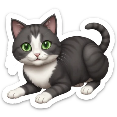 beautiful female solid dark grey cat with green eyes, white toes/paws and white patch on her chest playfully rolling upside down sticker