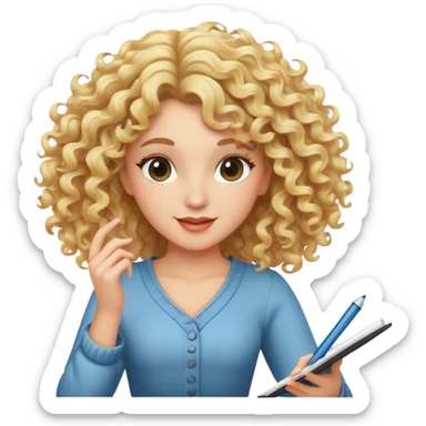 woman with blonde curly hair dancing while writing sticker