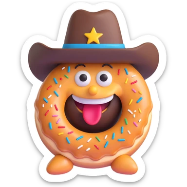 happy doughnut with a big grin and a cowboy hat, fun emoji style sticker