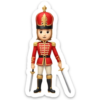 3D emoji of a majestic
Nutcracker soldier standing in front of a stylized Bolshoi Theatre facade. Snowy winter atmosphere, theatrical gold and red colors. High-quality 3D render, glossy plastic and wood textures, isolated on a white background. sticker