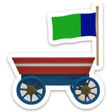 A flag devided horizontally the top vibrant Blue the bottom half green in the center a red wagon sixteen spoked wheel  sticker