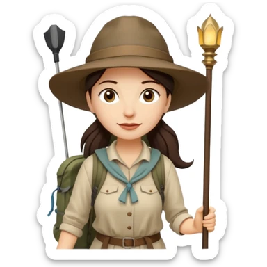 White women, long dark brown hair in ponytail with wide brim hiking hat. Walking with backpack and trekking poles.  She is a pilgrim on the Camino Frances on her way to Santiago de Compostela sticker