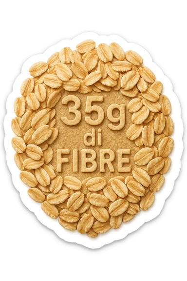 FIOCCHI DI AVENA VISTI DALL'ALTO E LA SCRITTA "35g di FIBRE" IN RILIEVO, IPERREALISTICO 4K sticker