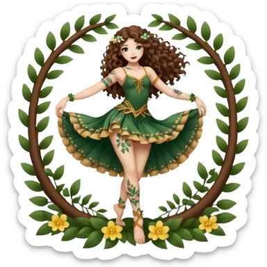 full body woman long curly brown hair brown eyes white skin tattoos forest nymph dancer pose, petal ribbons around legs sticker