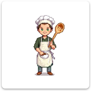 Portrait of a young baker with a simple cloth apron, flour on his hands and cheeks, holding a wooden spoon, skeuomorphism style sticker