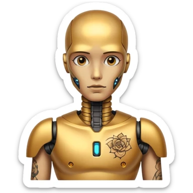 gold Tatooed robot, big many tatooes on chest, neck and face, tatoo on face sticker
