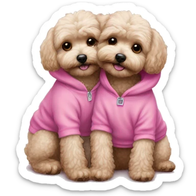 2 dark maltipoo dogs hugging, one wearing a pink sweatshirt and the other wearing a blue sweatshirt sticker