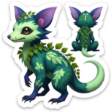 Realistic Sharp swampy mossy elemental ivy floral detailed Colorful translucent luminescent glowing Trico-Noibat-batty-Sergal-Furret-Ferret-Wolverine-Vernid-furry-fursona-fusion-Fakemon-animal-hybrid-creature, full body sticker