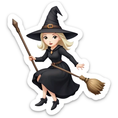 witch with pointy hat and black dress flying on a wooden broom sticker